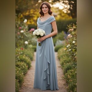 Dusty Blue Chiffon Off-Shoulder Maxi Gown | Size 8 | Crystal Waist Detail